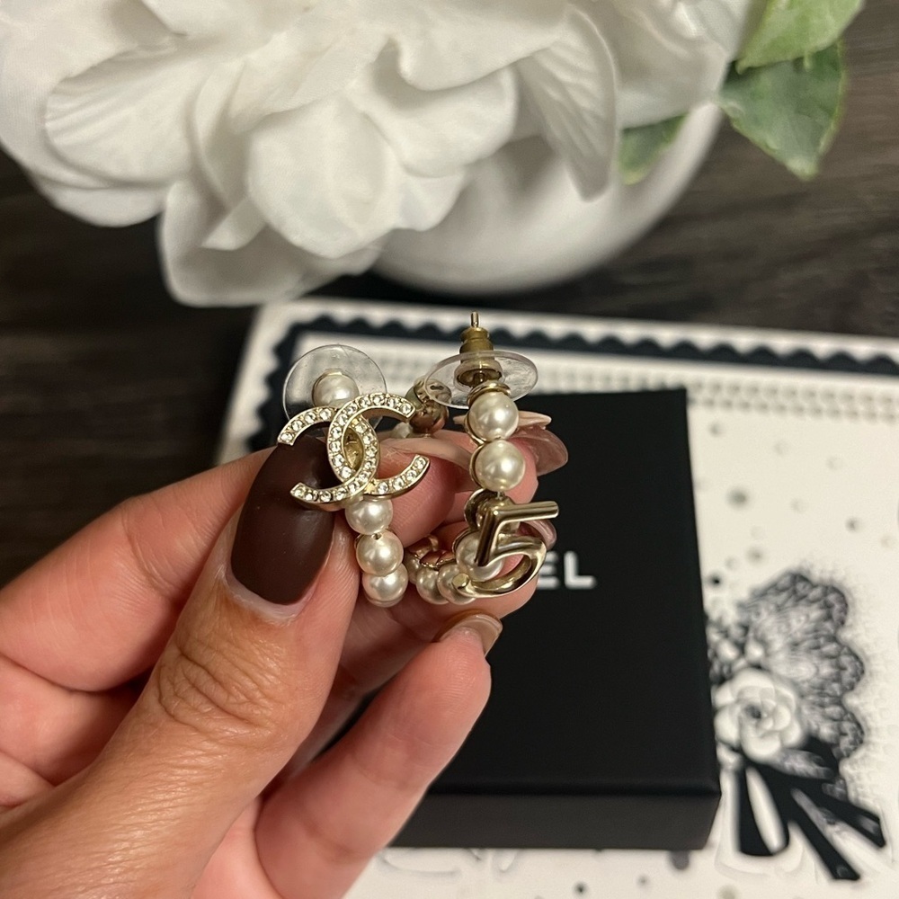 Chanel Gold 5 & Crystal CC Faux Pearl Hoop Earrings - Picture 3 of 10